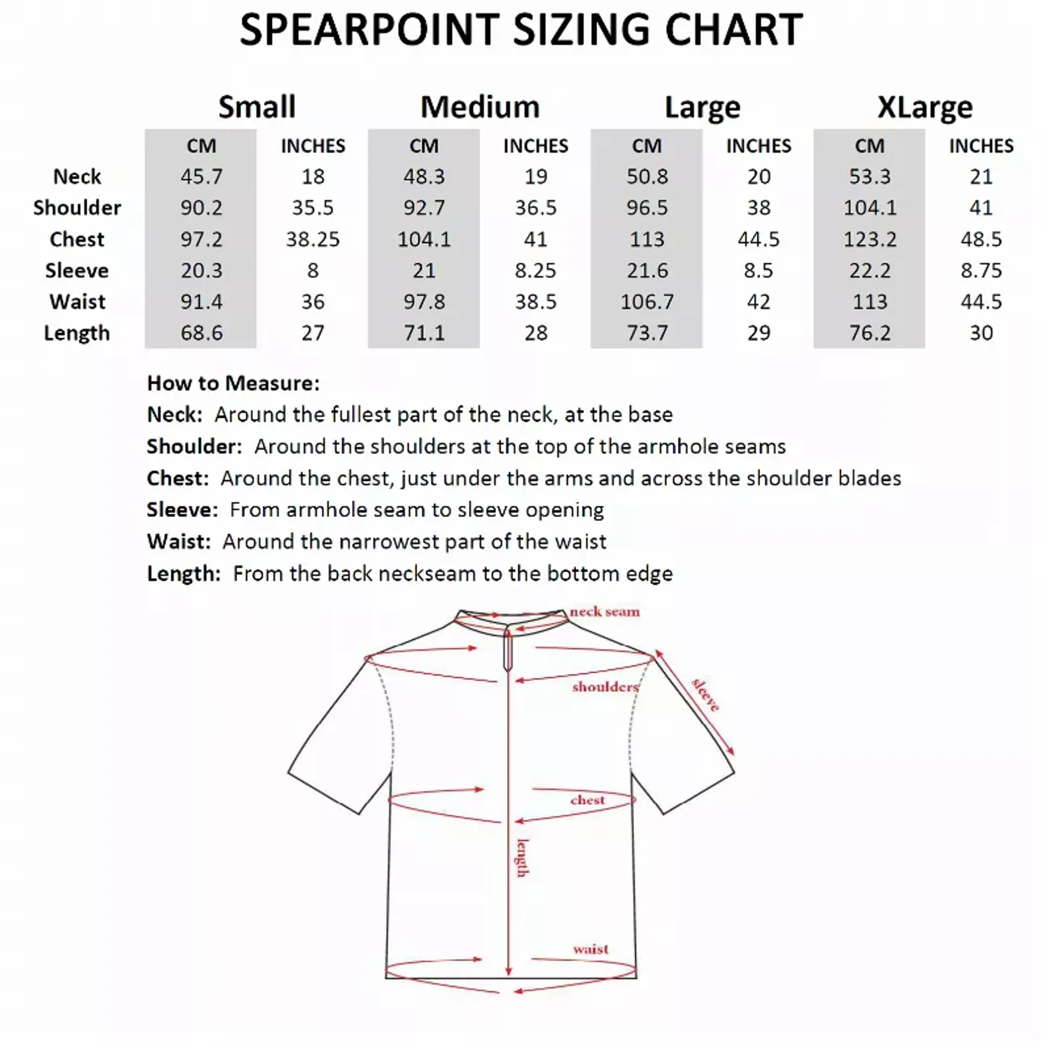 SPEARPOINT sizing chart with how-to-measure guide and shirt outline diagram