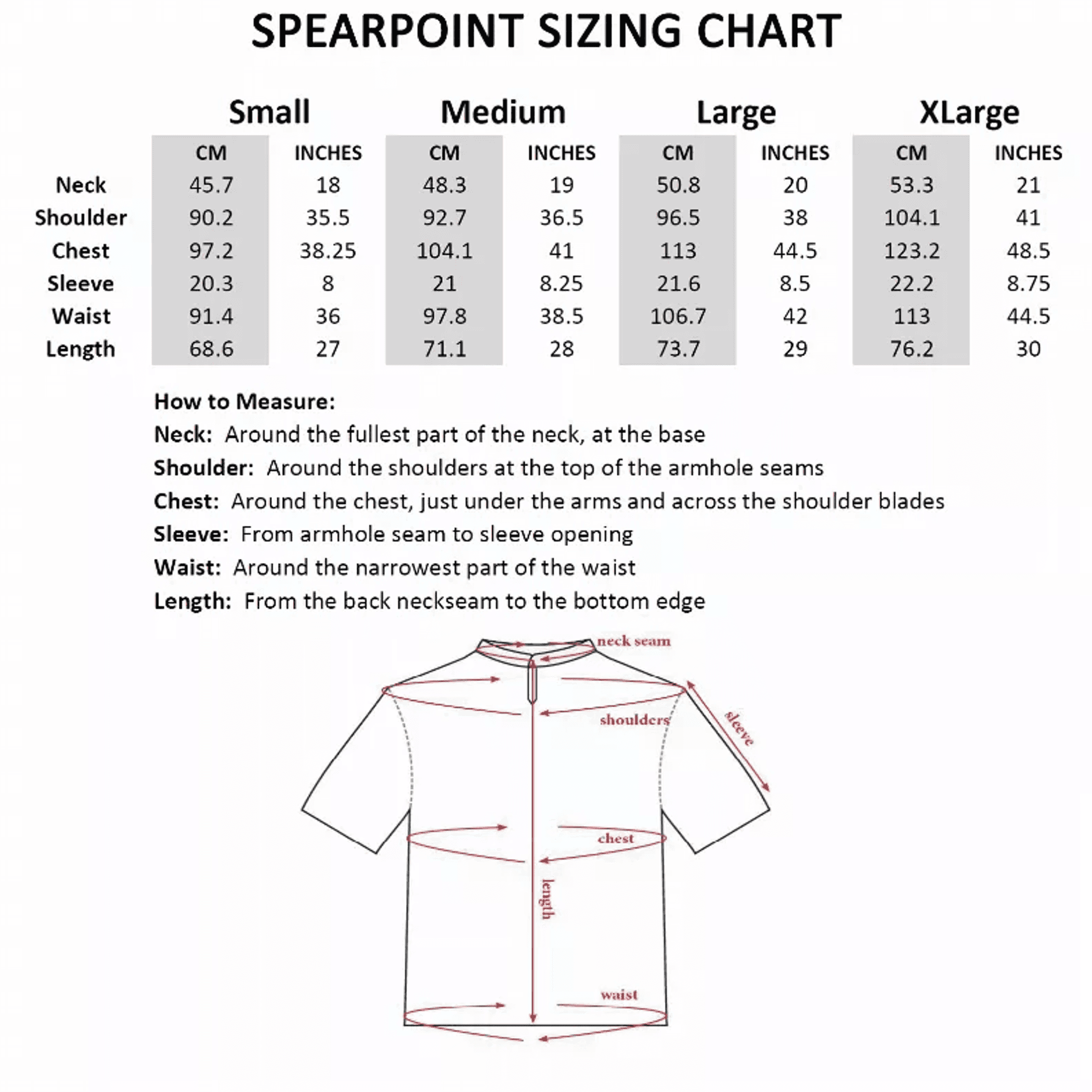 SPEARPOINT sizing chart: neck, sleeve, waist, and length measurements in cm and inches