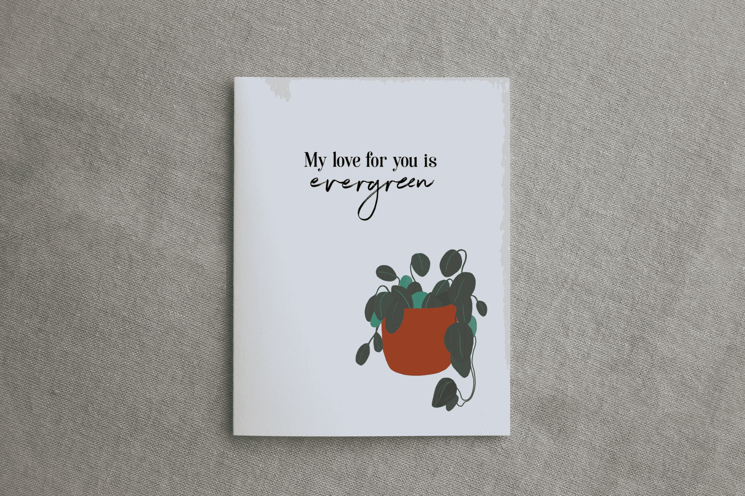 Evergreen greeting card with quote and terracotta potted plant illustration, portrait