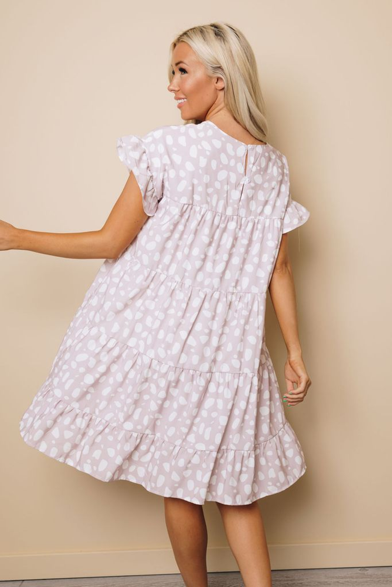 Light purple printed tiered ruffle dress with white irregular spots and short flutter sleeves
