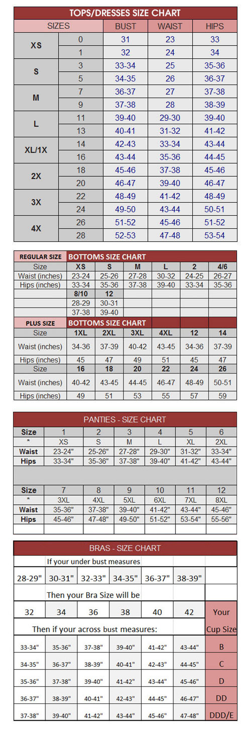 Size chart showing Zoe Leopard Ruffle Dress measurements for tops and pants