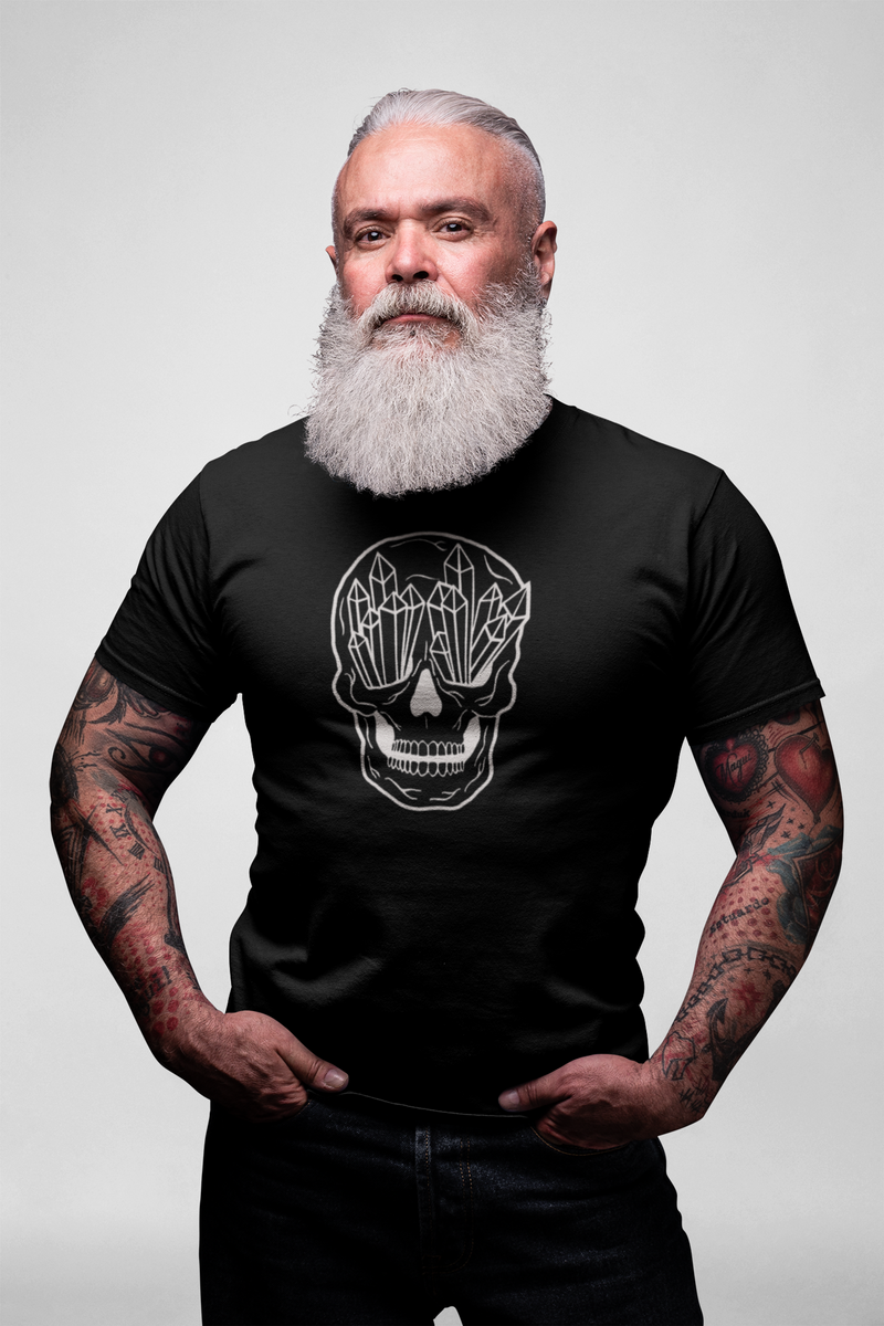 Black crew-neck T-shirt with white skull graphic, hands in pockets, front view