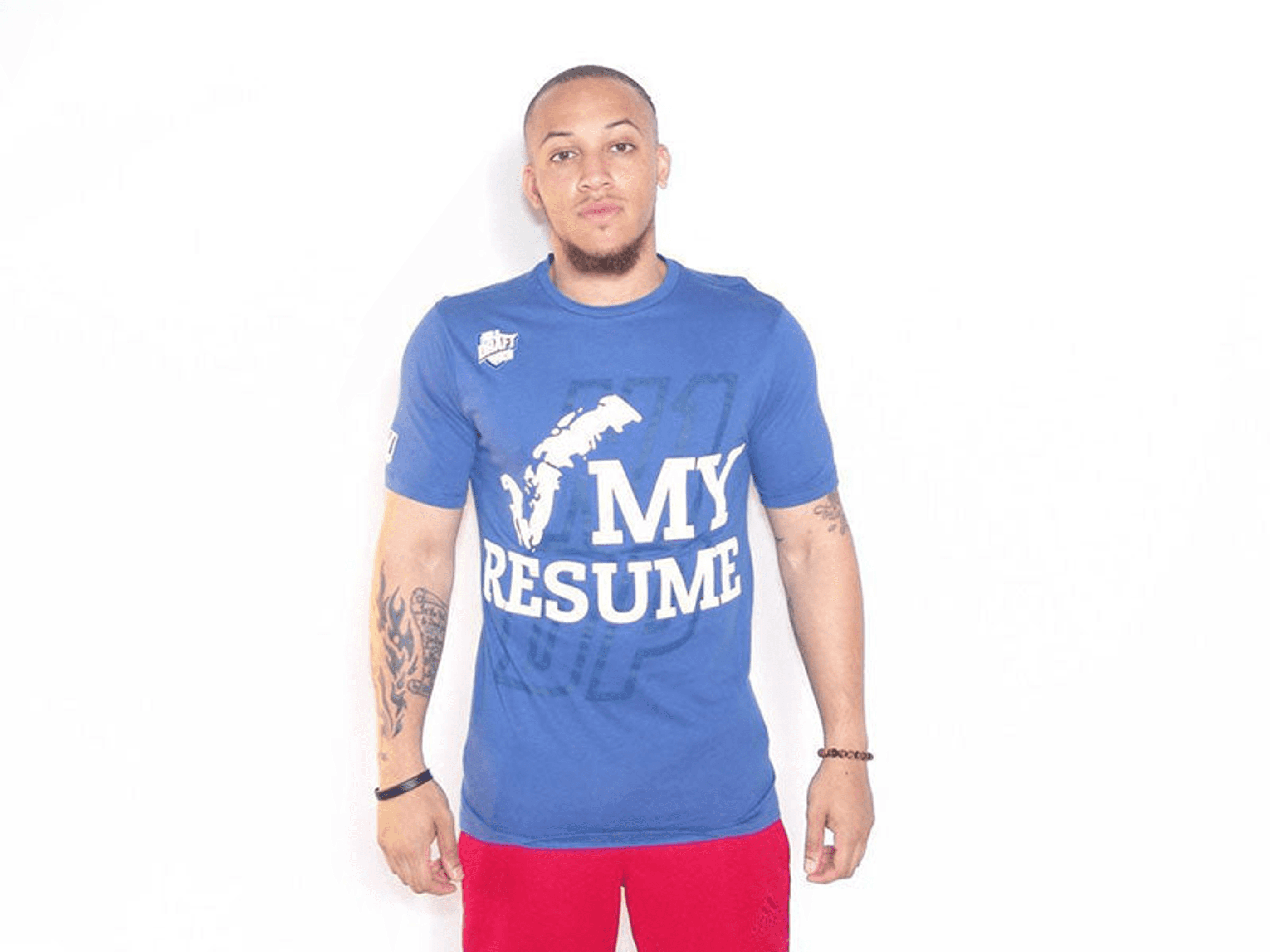 Men's crewneck graphic T-shirt, blue with large 'My Resume' print