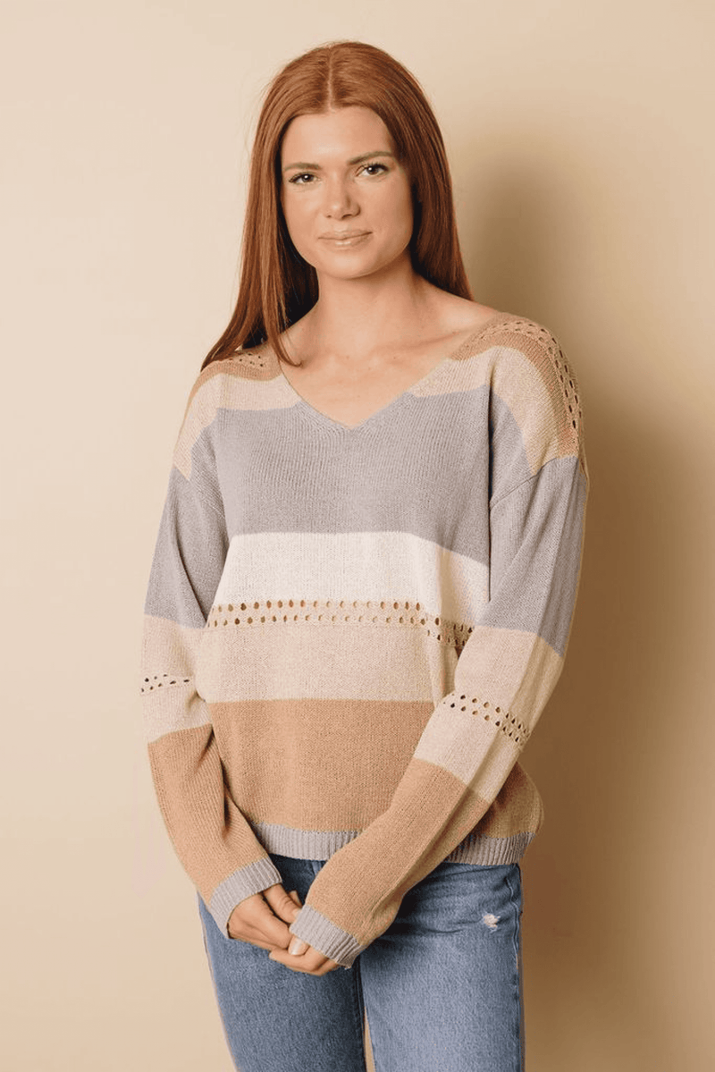 Knitted color block sweater with V-neck, horizontal stripe bands, long sleeves, ribbed hem