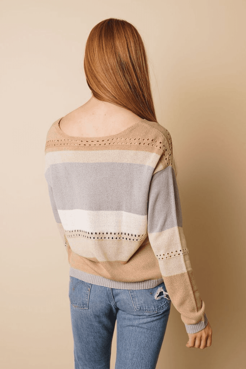 Knitted color block sweater, striped bands, V-scoop back, long sleeves, ribbed cuffs