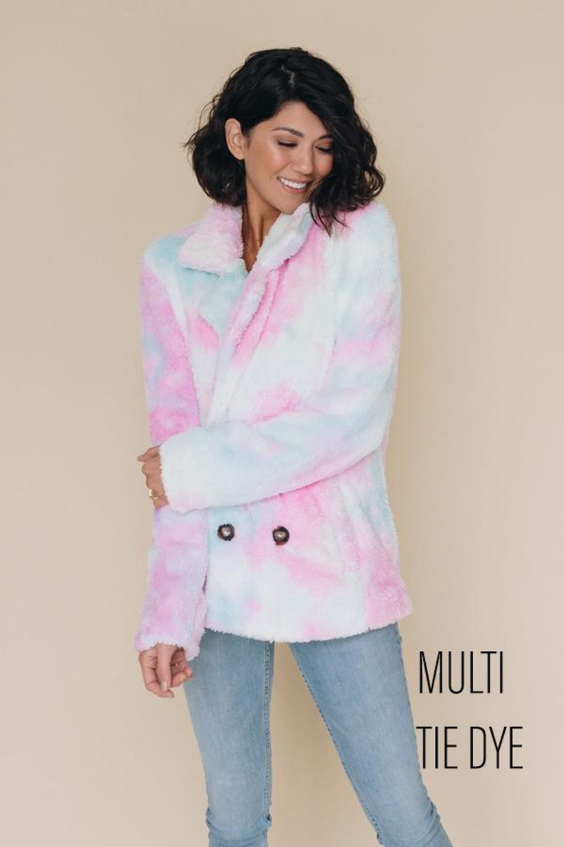 Pastel multi tie-dye fleece coat with hood, double-button front, long sleeves