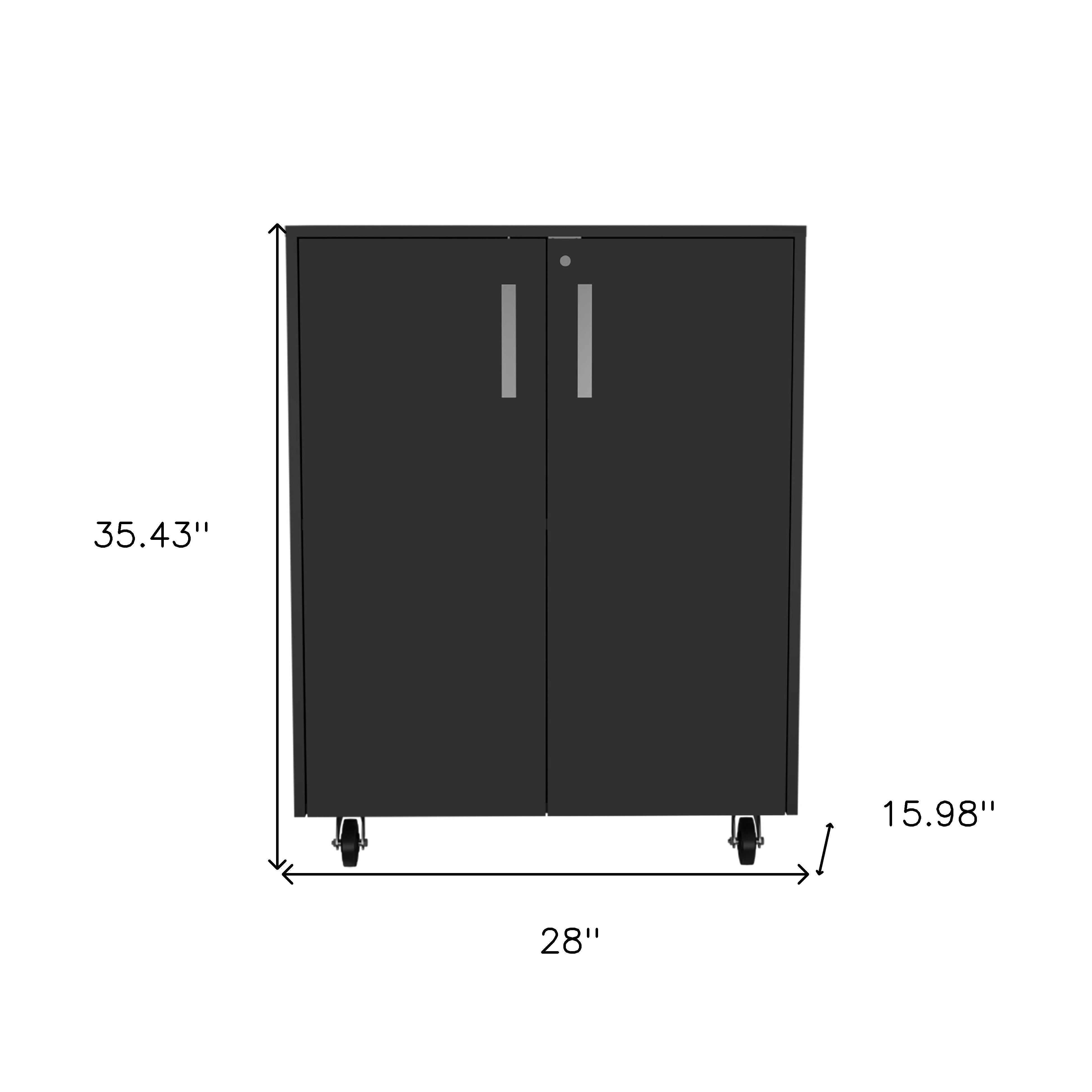 35" Black Wood Rolling Storage Cabinet With Two Doors - Kitchen & Dining