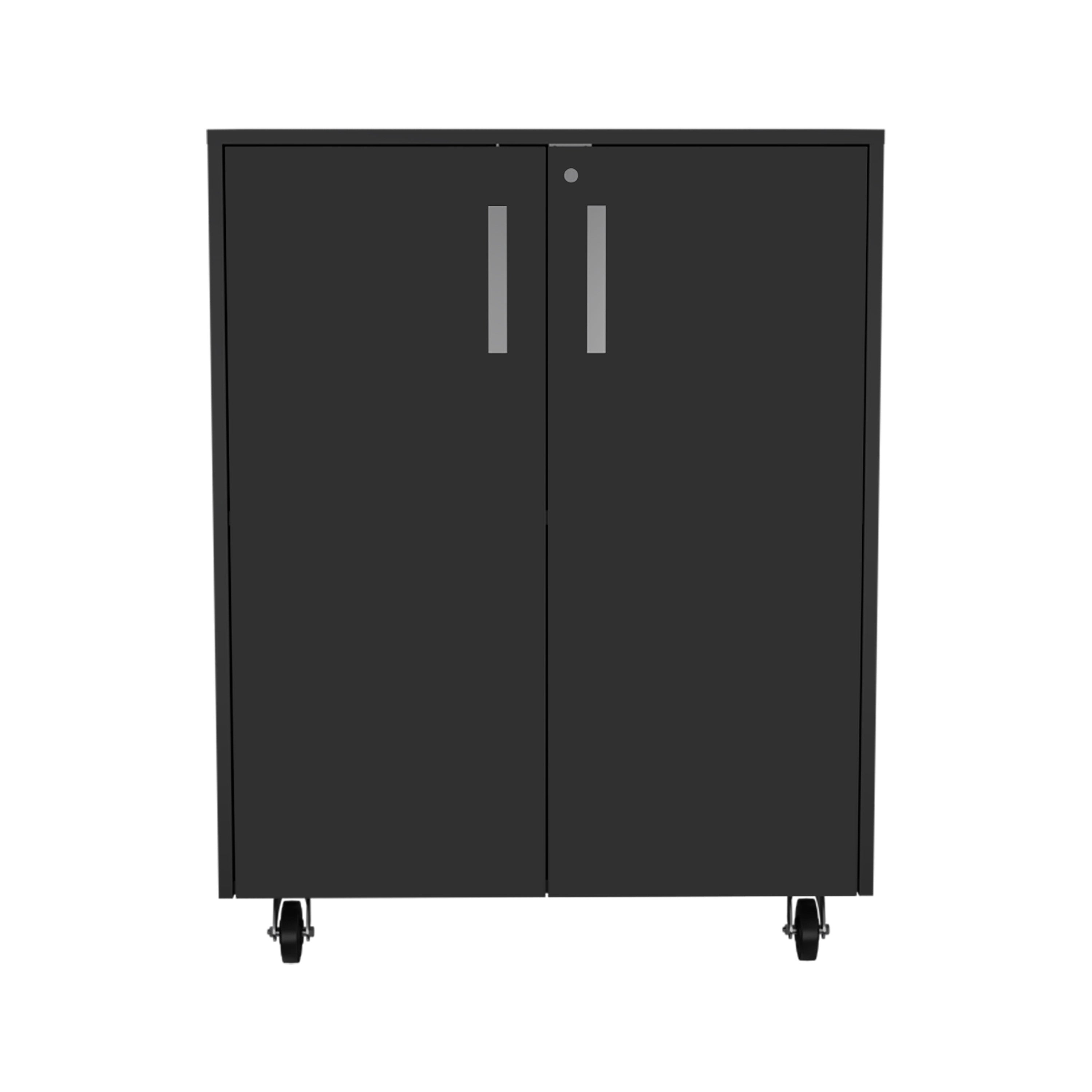 35" Black Wood Rolling Storage Cabinet With Two Doors - Kitchen & Dining