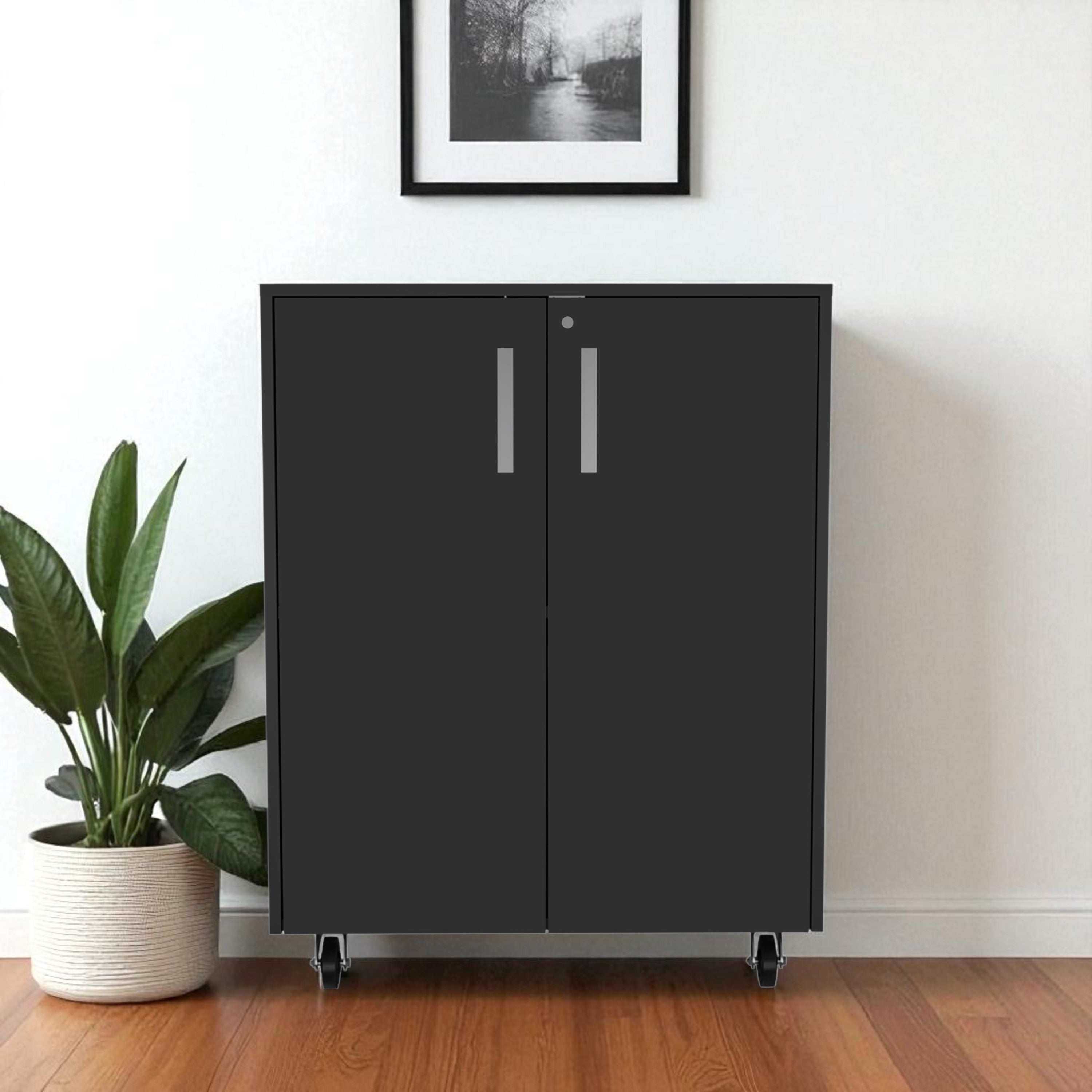 35" Black Wood Rolling Storage Cabinet With Two Doors - Kitchen & Dining