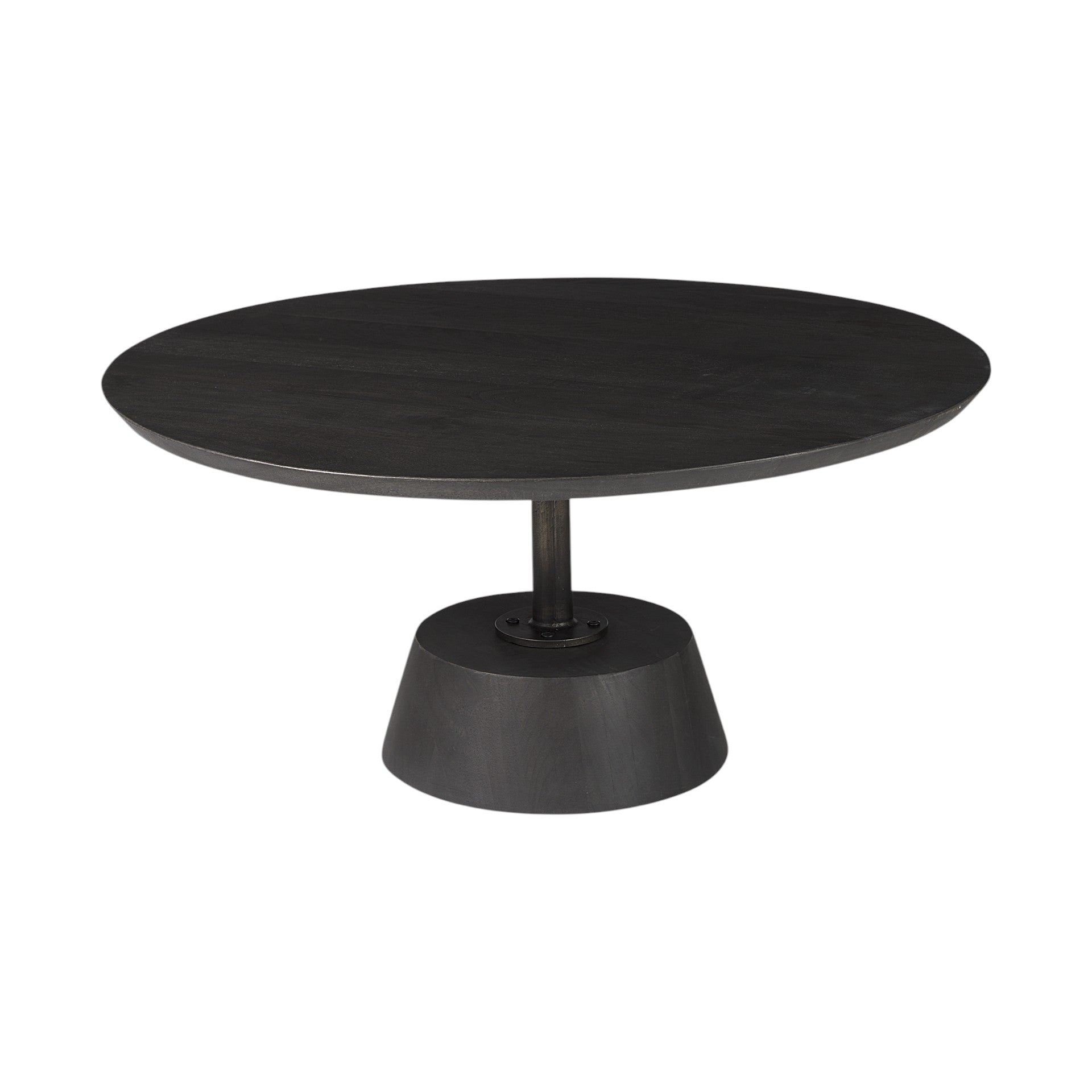 32" Dark Brown and Black Solid Wood and Iron Round Pedestal Coffee Table - Living Room