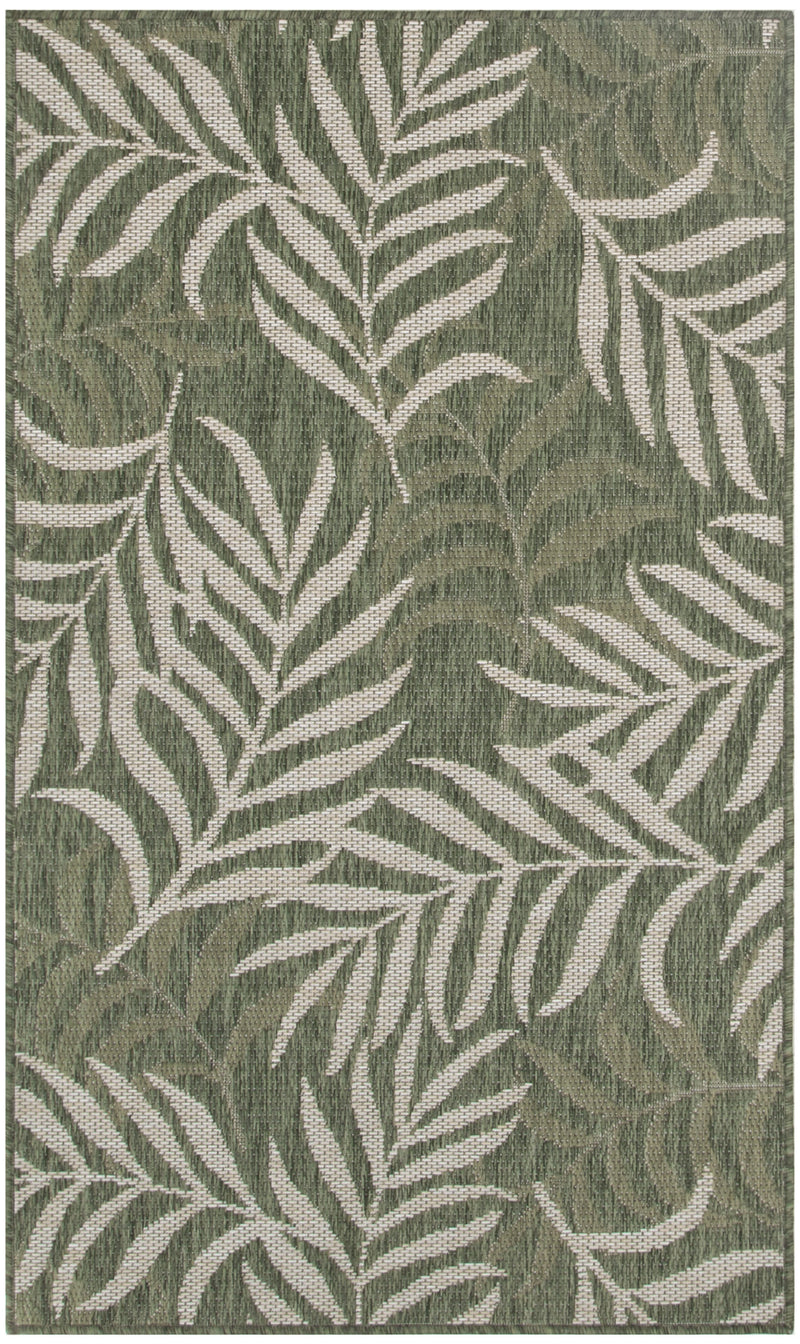 Green area rug with ivory palm leaf motif, dense pattern, woven texture