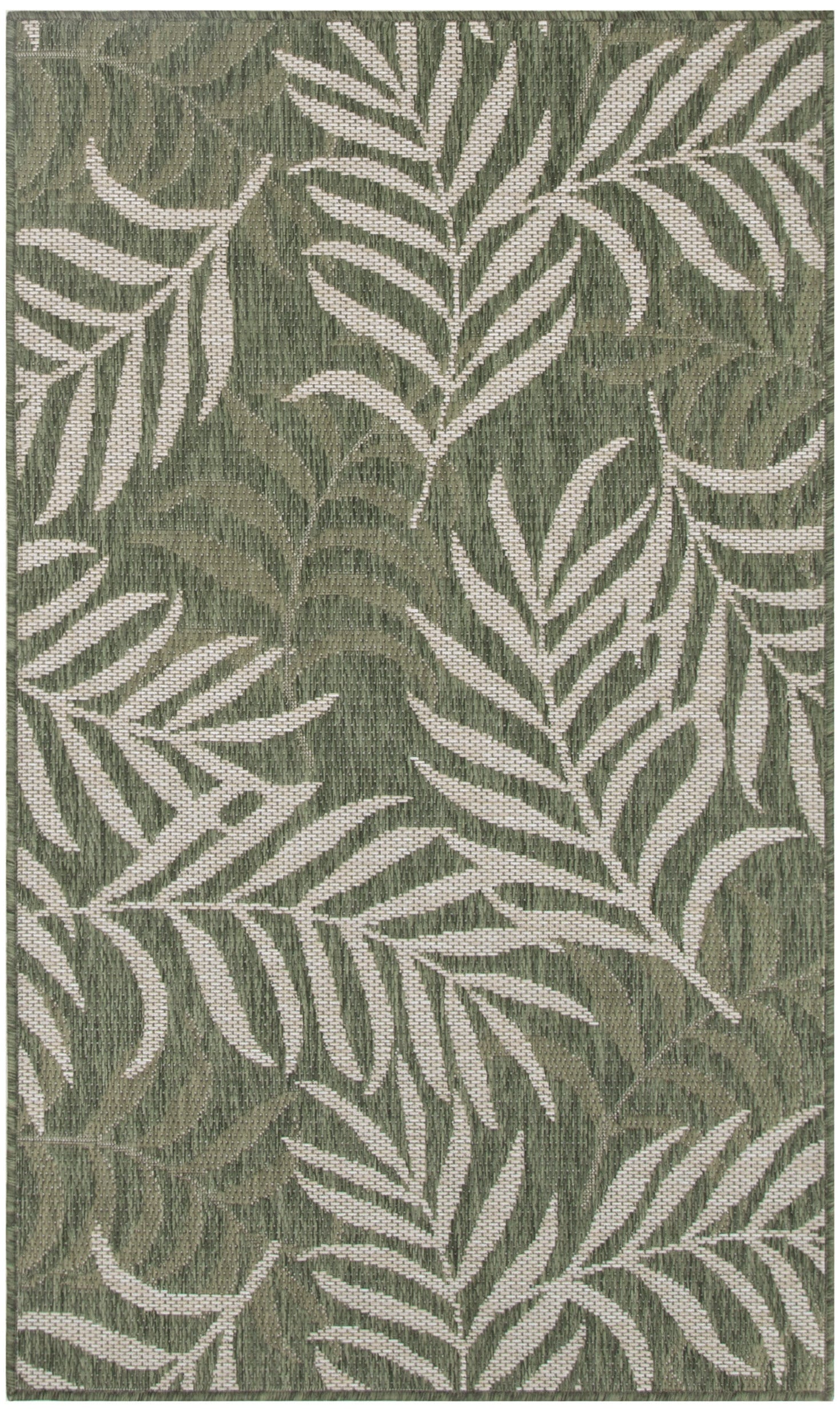Green and ivory palm leaf indoor outdoor area rug with detailed botanical pattern