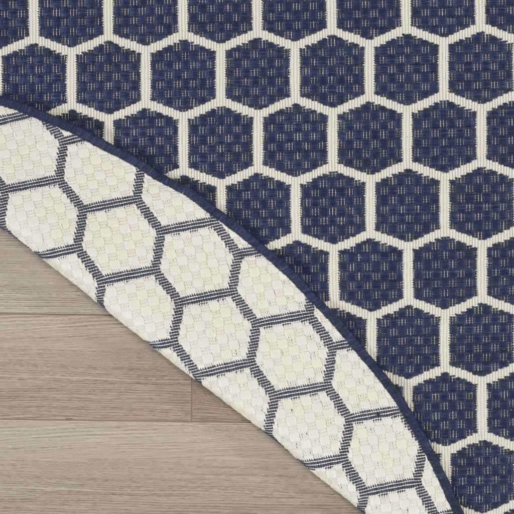8' Navy Blue And Ivory Geometric Indoor Outdoor Area Rug