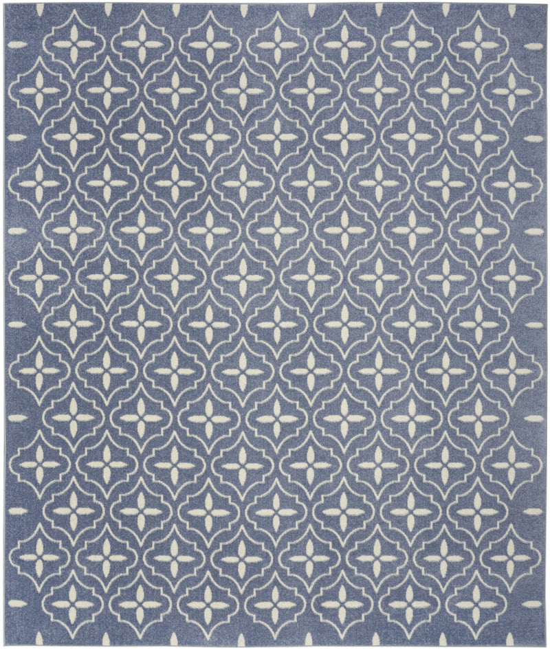 Blue and ivory geometric area rug, 6x9 ft, repeating quatrefoil trellis pattern