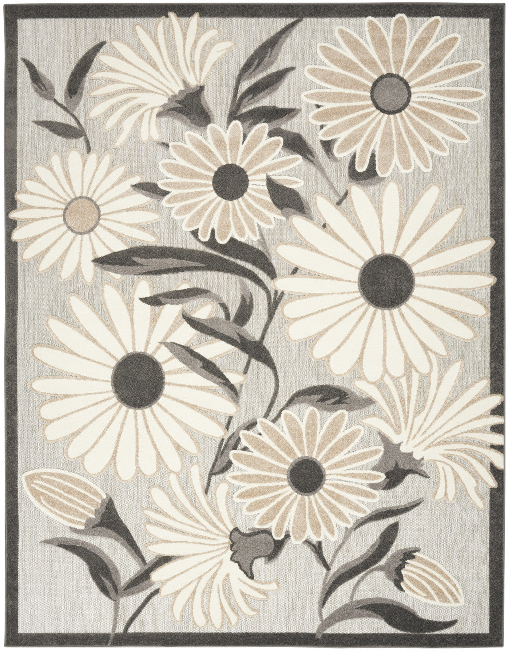 Beige floral area rug with dark gray stems and daisy blossoms, square design