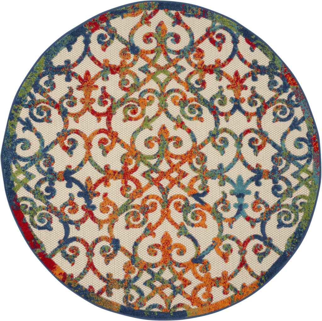 5' Ivory And Blue Round Indoor Outdoor Area Rug