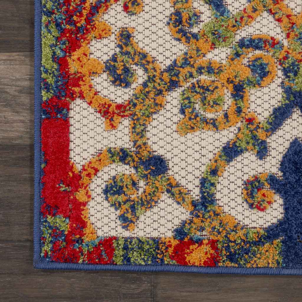 12' Ivory And Blue Indoor Outdoor Runner Rug