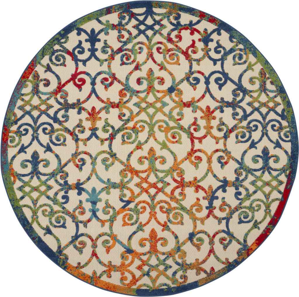 8' Ivory And Blue Round Indoor Outdoor Area Rug