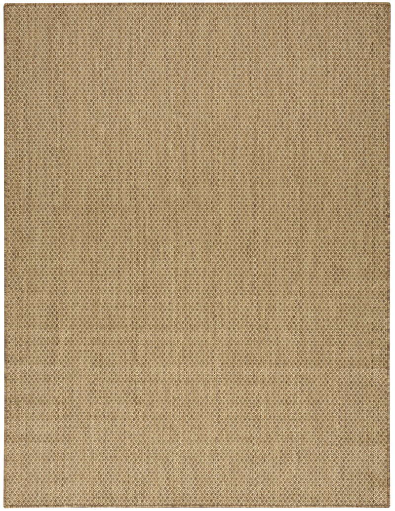 Tan geometric area rug with tight grid pattern and stitched border