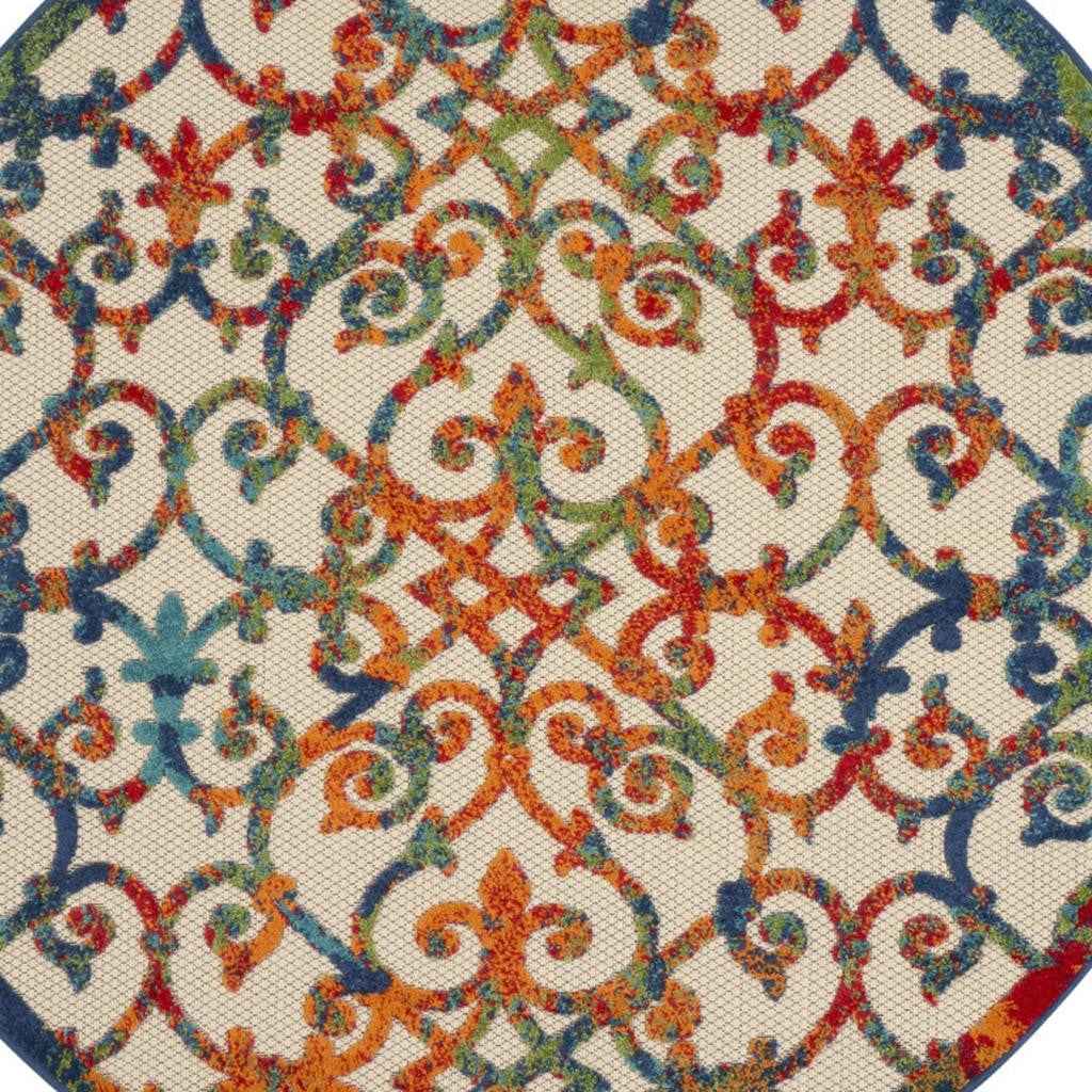 4' Ivory And Blue Round Indoor Outdoor Area Rug