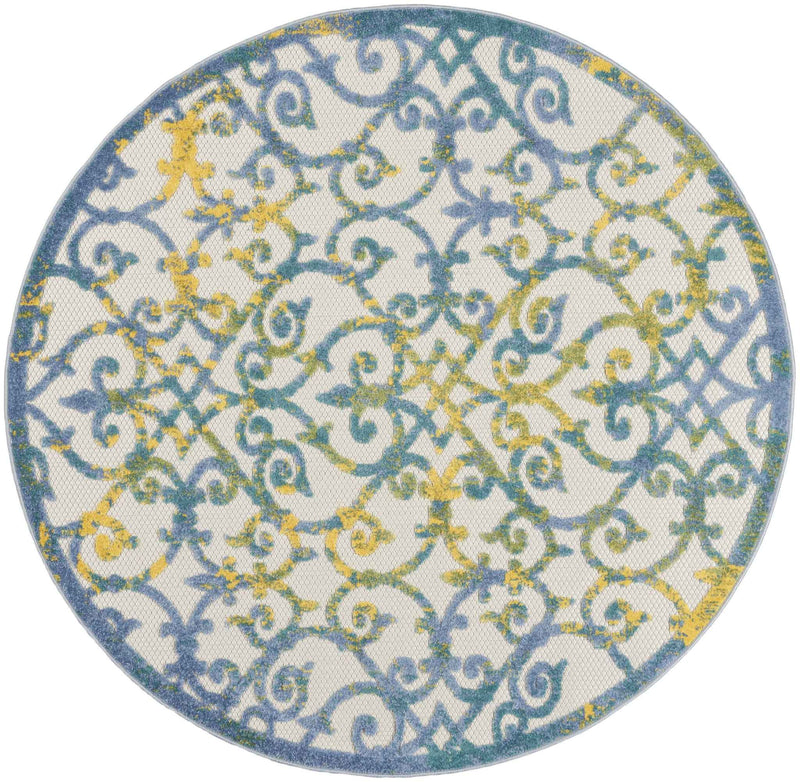 4' Ivory And Blue Round Indoor Outdoor Area Rug