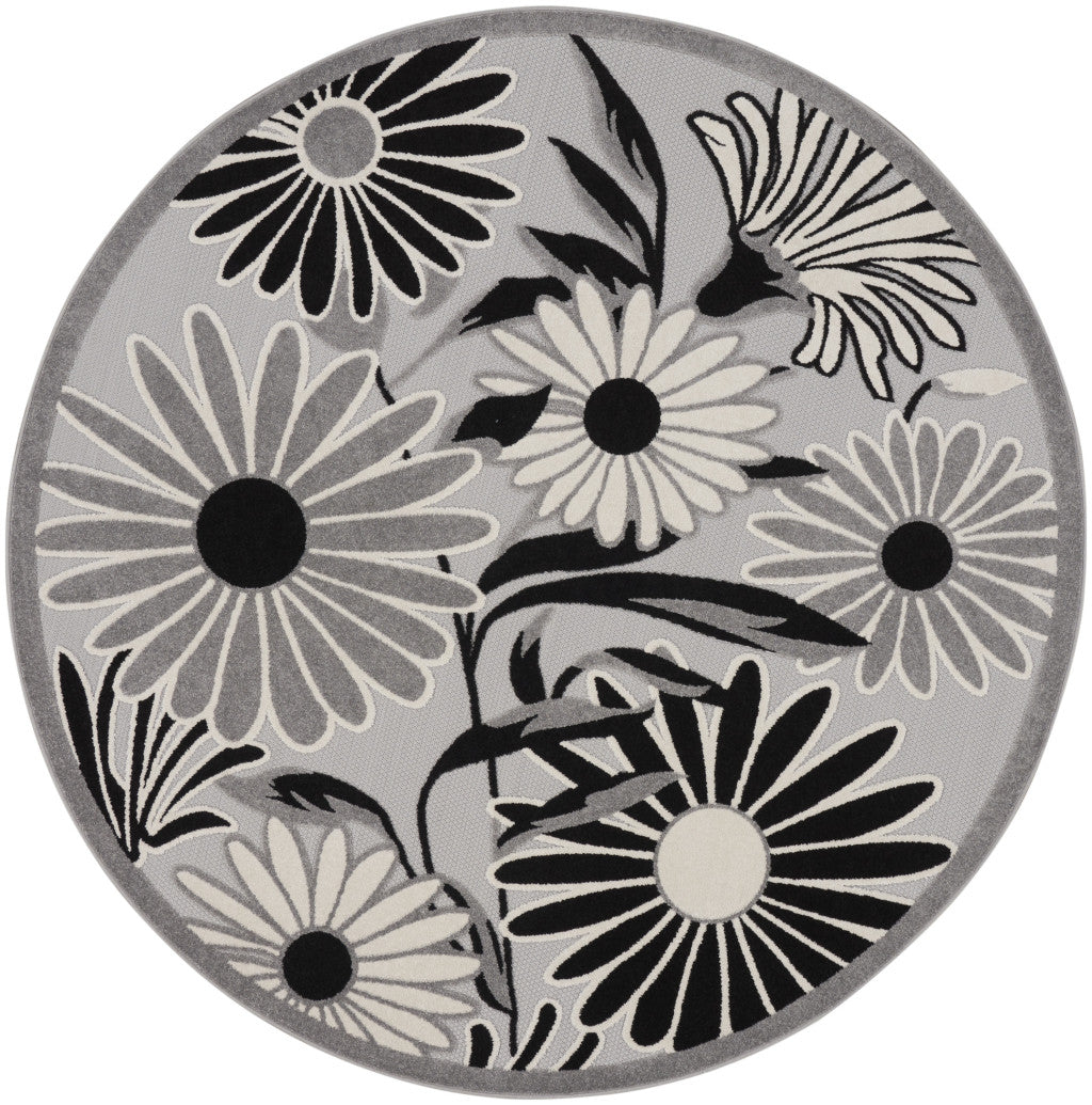 5' Black And White Round Floral Indoor Outdoor Area Rug - Sports & Outdoor