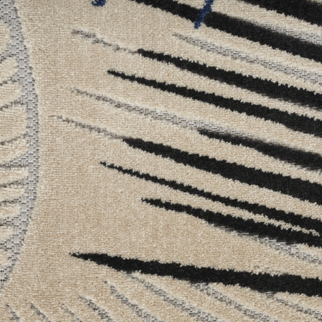 5' X 7' Navy Blue Ivory And Black Palm Leaf Indoor Outdoor Area Rug - Outdoor