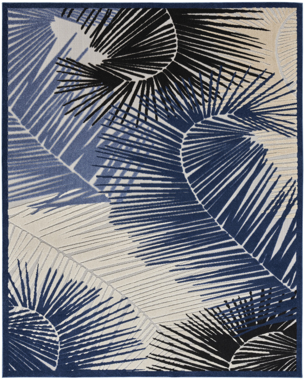 5' X 7' Navy Blue Ivory And Black Palm Leaf Indoor Outdoor Area Rug - Outdoor