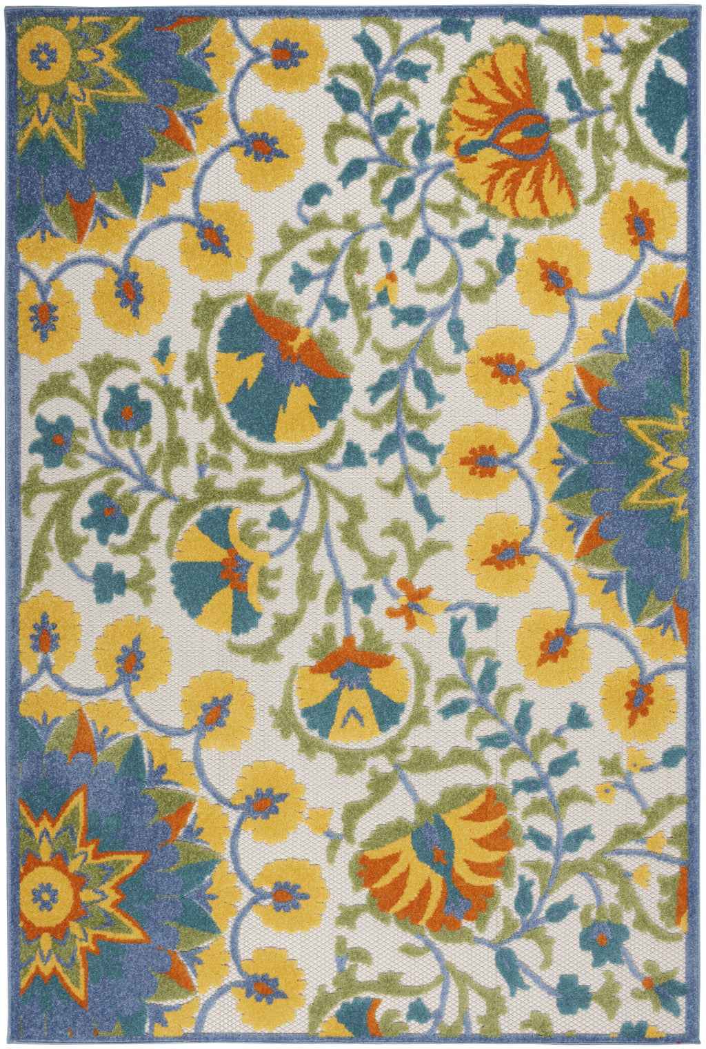 5' X 8' Ivory And Blue Floral Indoor Outdoor Area Rug