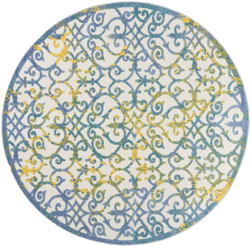 8' X 8' Ivory And Blue Round Indoor Outdoor Area Rug - Outdoor