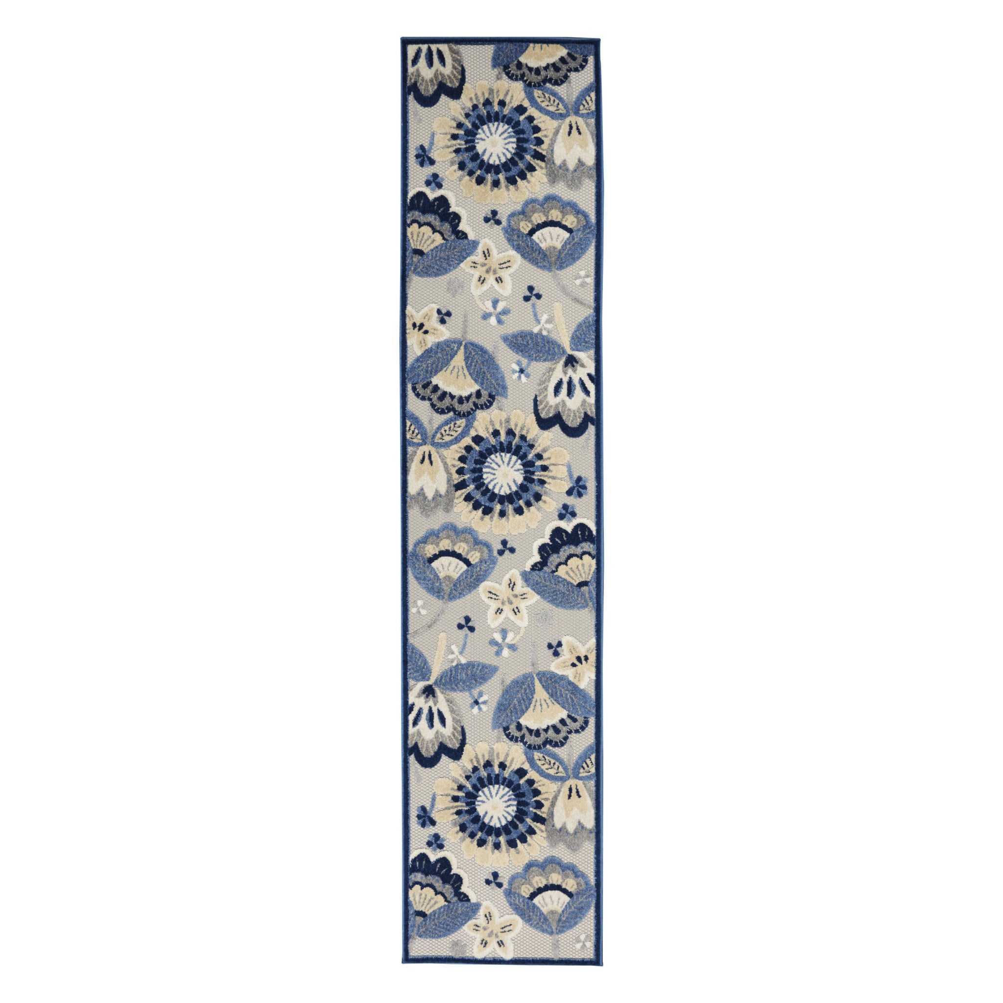 12' Blue And Gray Indoor Outdoor Runner Rug - Outdoor