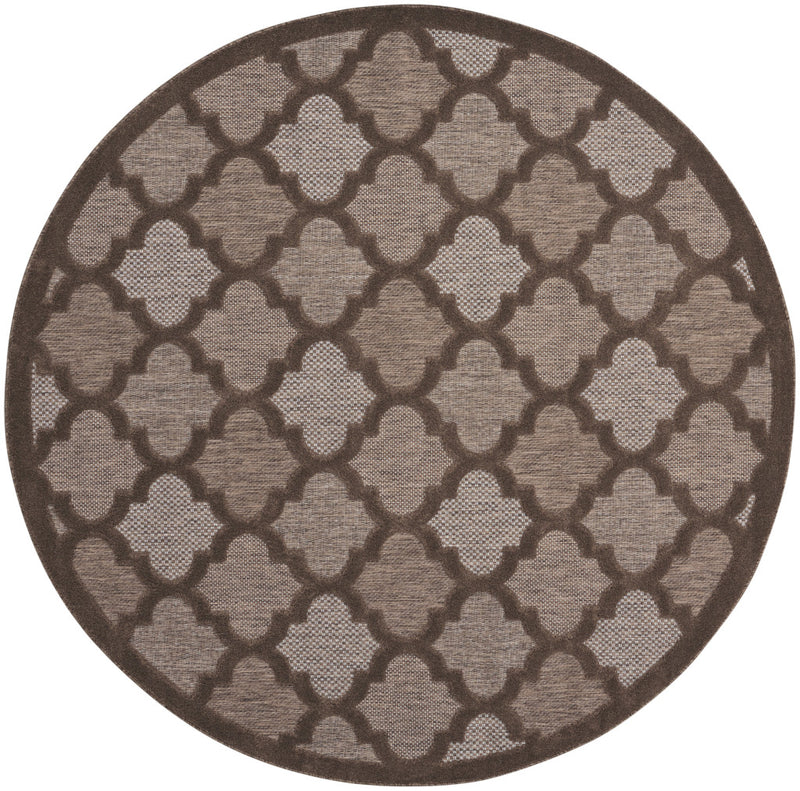 Round area rug with circular trellis lattice pattern in dark brown and light gray