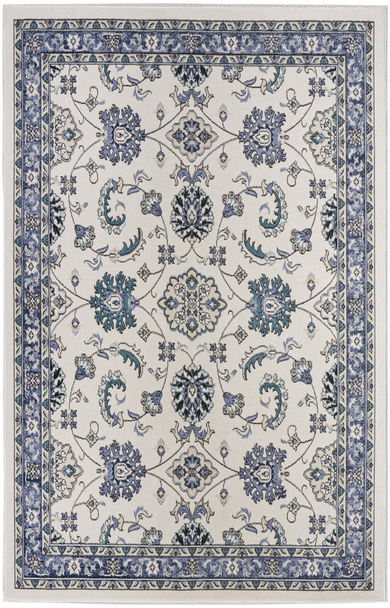 Ivory and blue floral indoor/outdoor area rug with central medallions and border