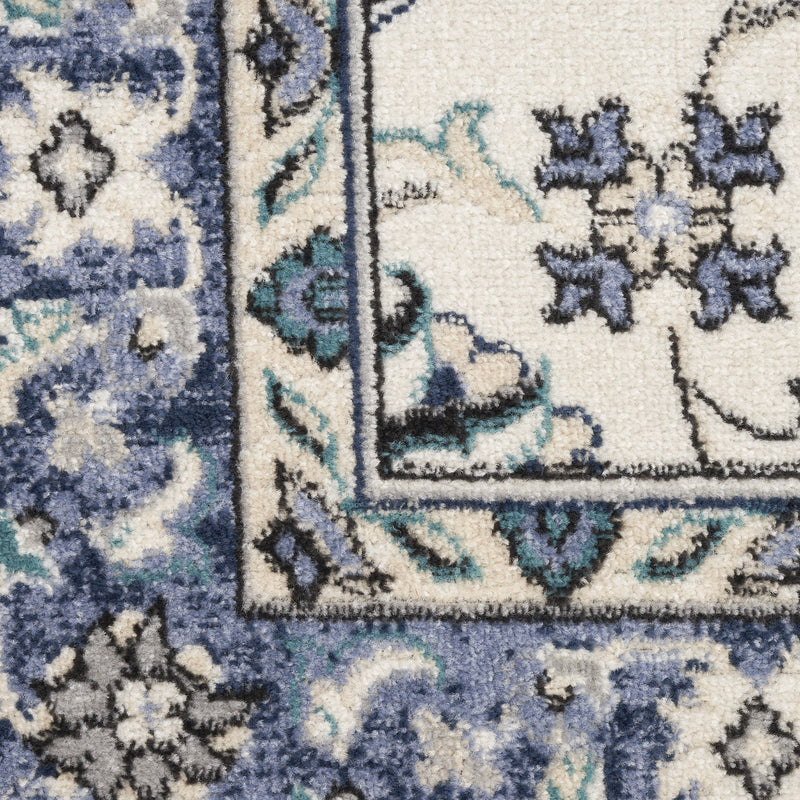 Ivory and blue floral rug close-up with blue corner medallion and border