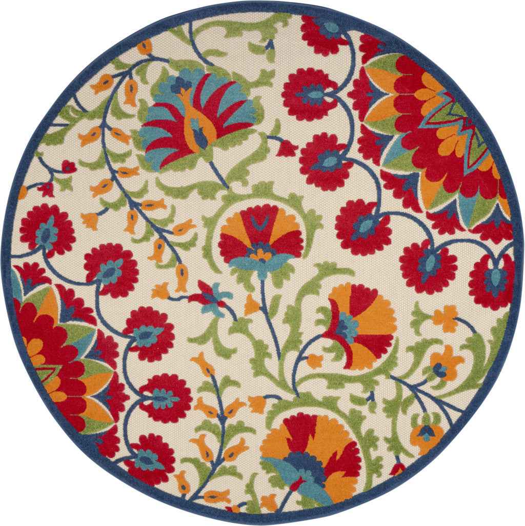 8' Red And Ivory Round Floral Indoor Outdoor Area Rug