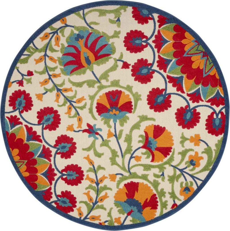8' Red And Ivory Round Floral Indoor Outdoor Area Rug