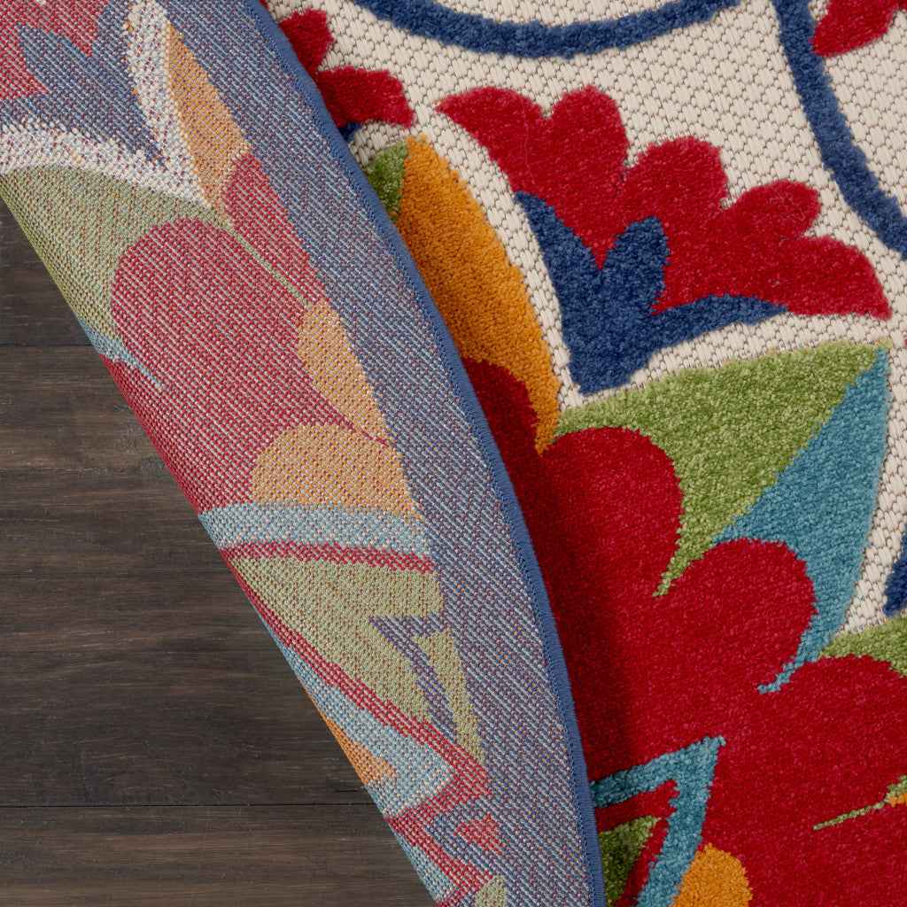 8' Red And Ivory Round Floral Indoor Outdoor Area Rug