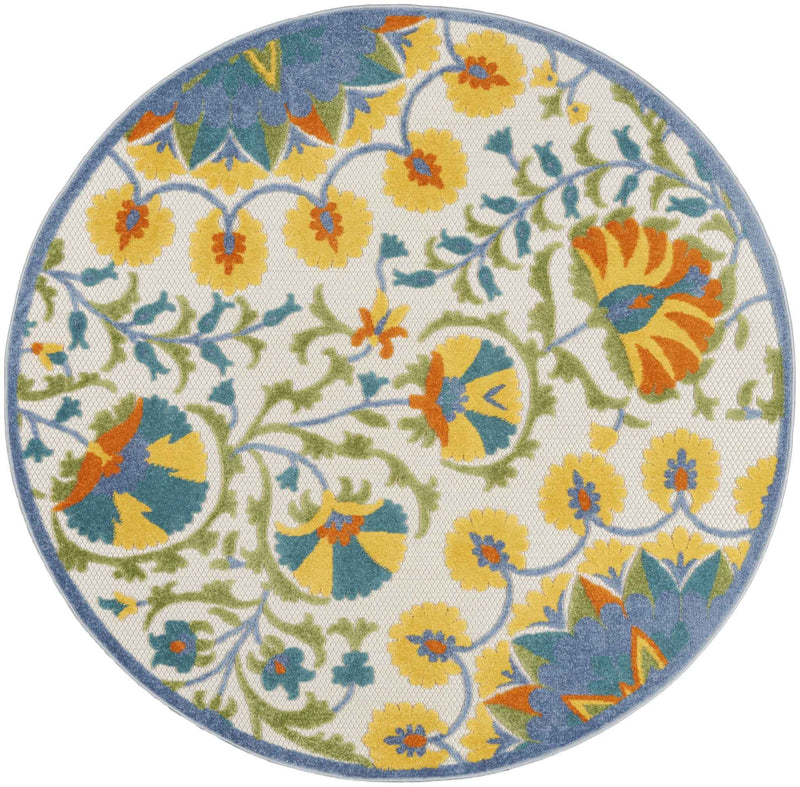 5' X 5' Ivory And Blue Round Floral Indoor Outdoor Area Rug