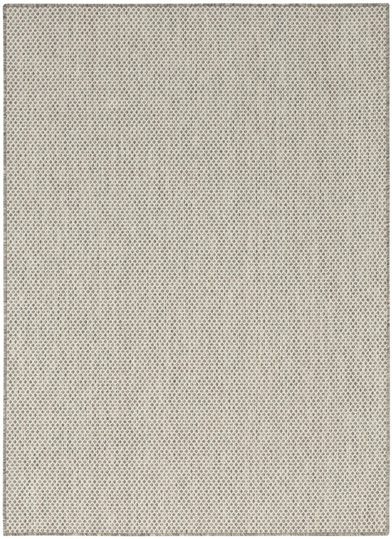 Ivory area rug featuring a bordered edge and repeating diamond lattice in silver-gray