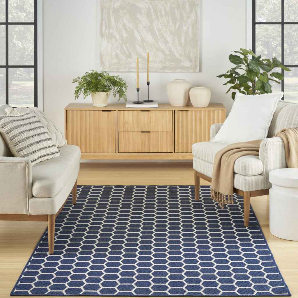 6' X 9' Navy Blue And Ivory Geometric Indoor Outdoor Area Rug