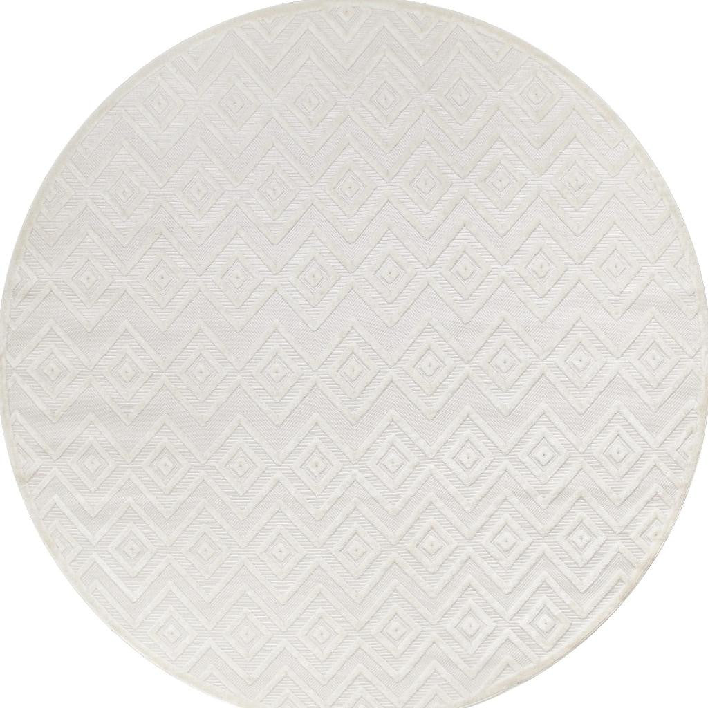 10' Ivory And White Round Geometric Indoor Outdoor Area Rug - Outdoor
