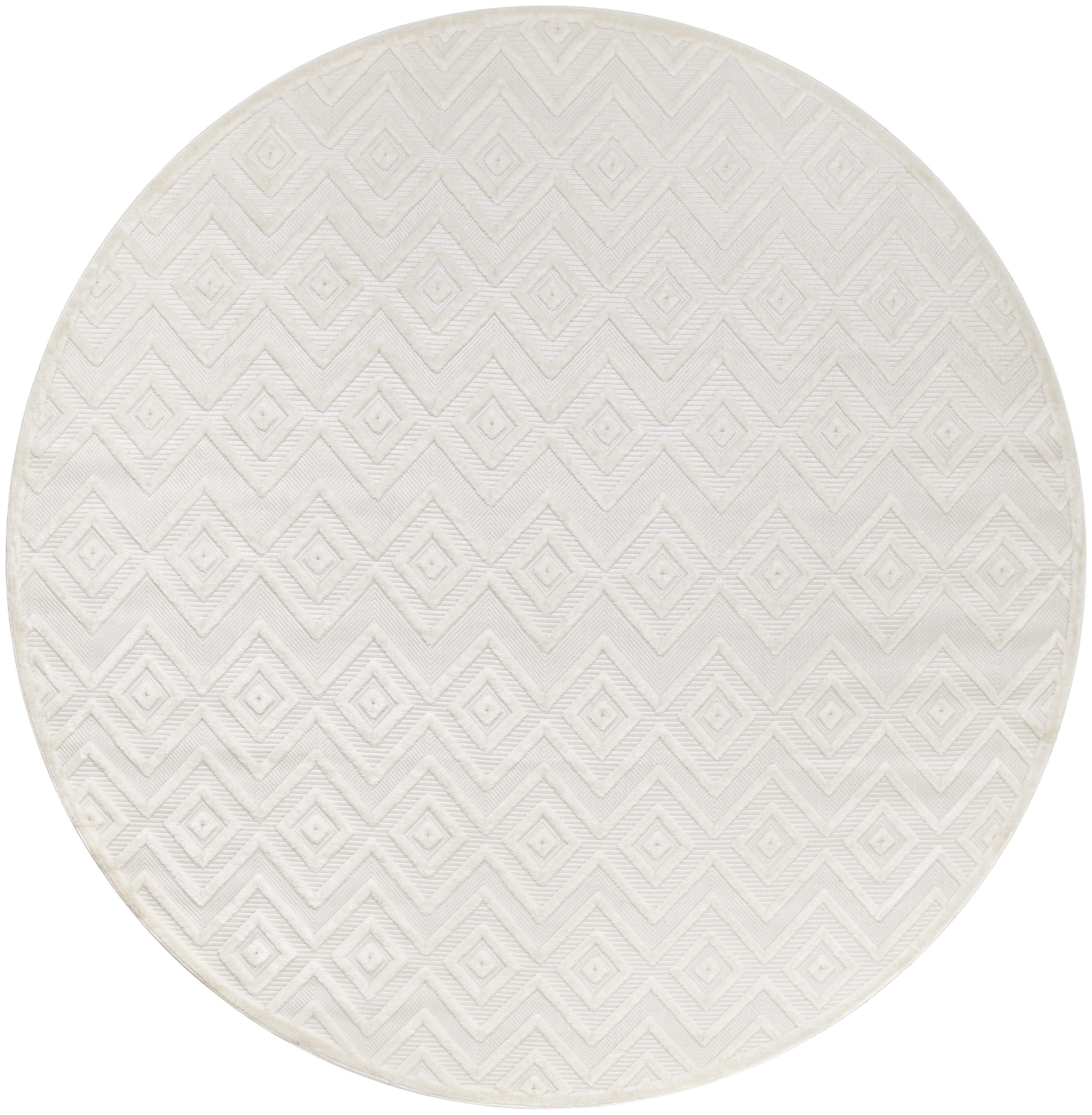 10' Ivory And White Round Geometric Indoor Outdoor Area Rug - Outdoor