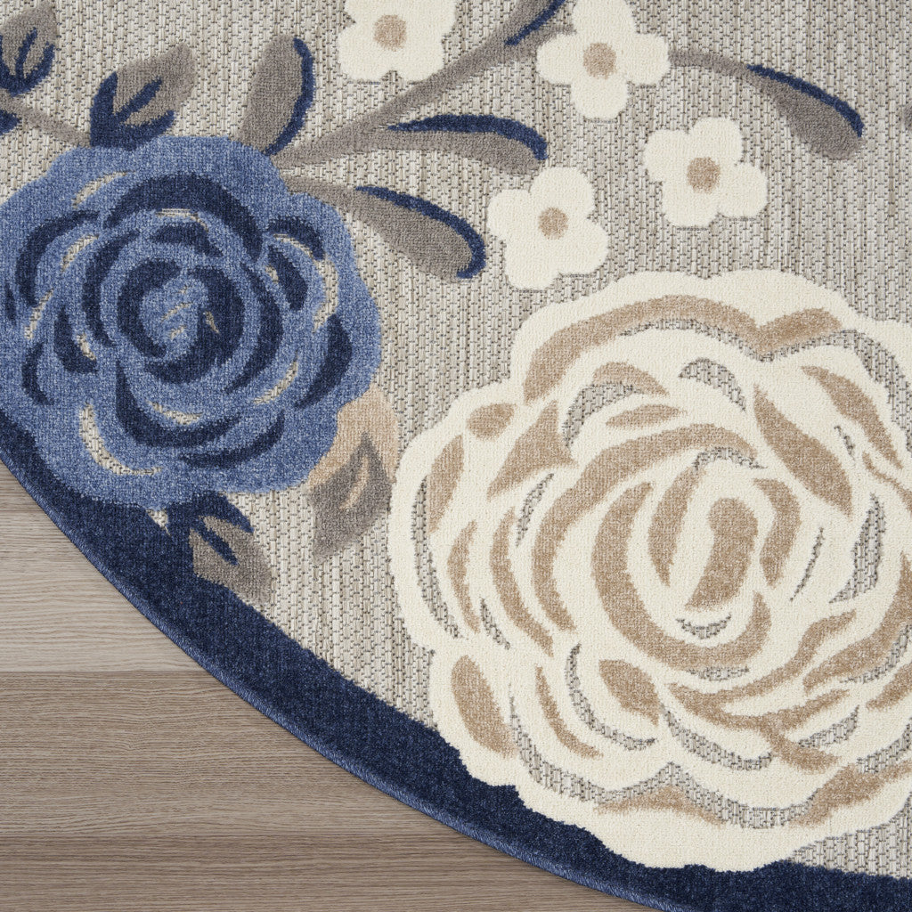 8' Blue and Gray Round Floral Indoor Outdoor Area Rug - Outdoor