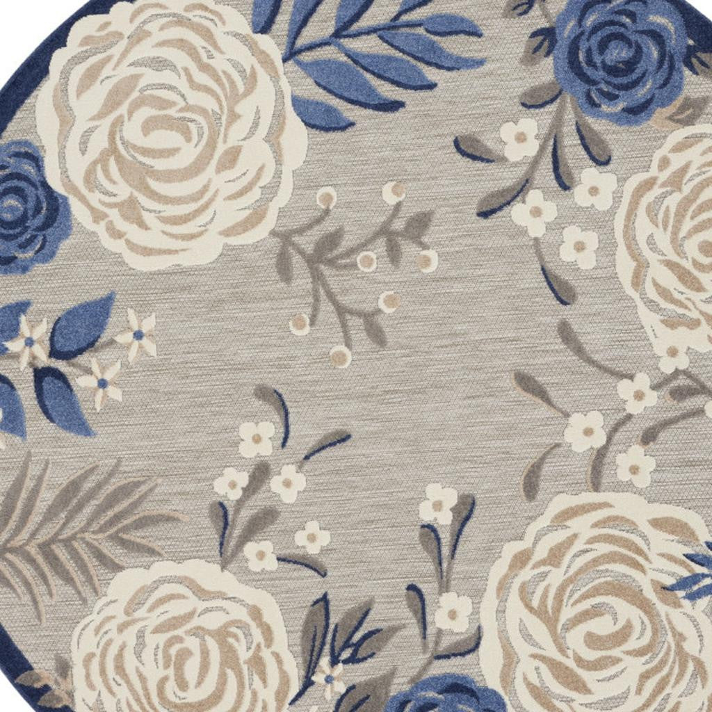 8' Blue and Gray Round Floral Indoor Outdoor Area Rug - Outdoor