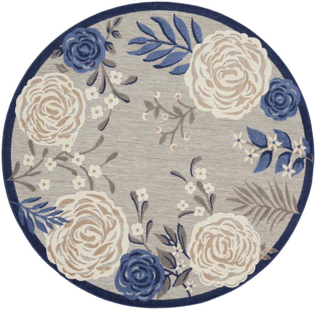 8' Blue and Gray Round Floral Indoor Outdoor Area Rug - Outdoor