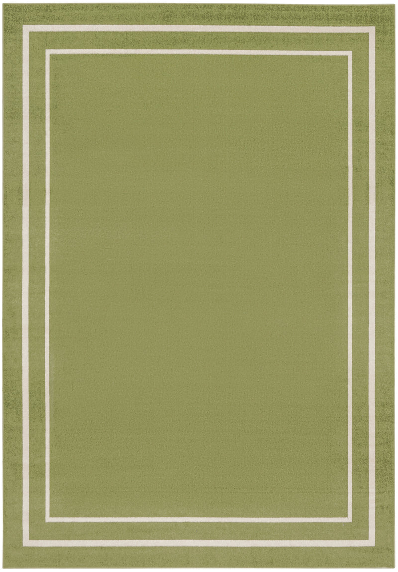 Green rug with ivory double rectangular frame border and corner line detail