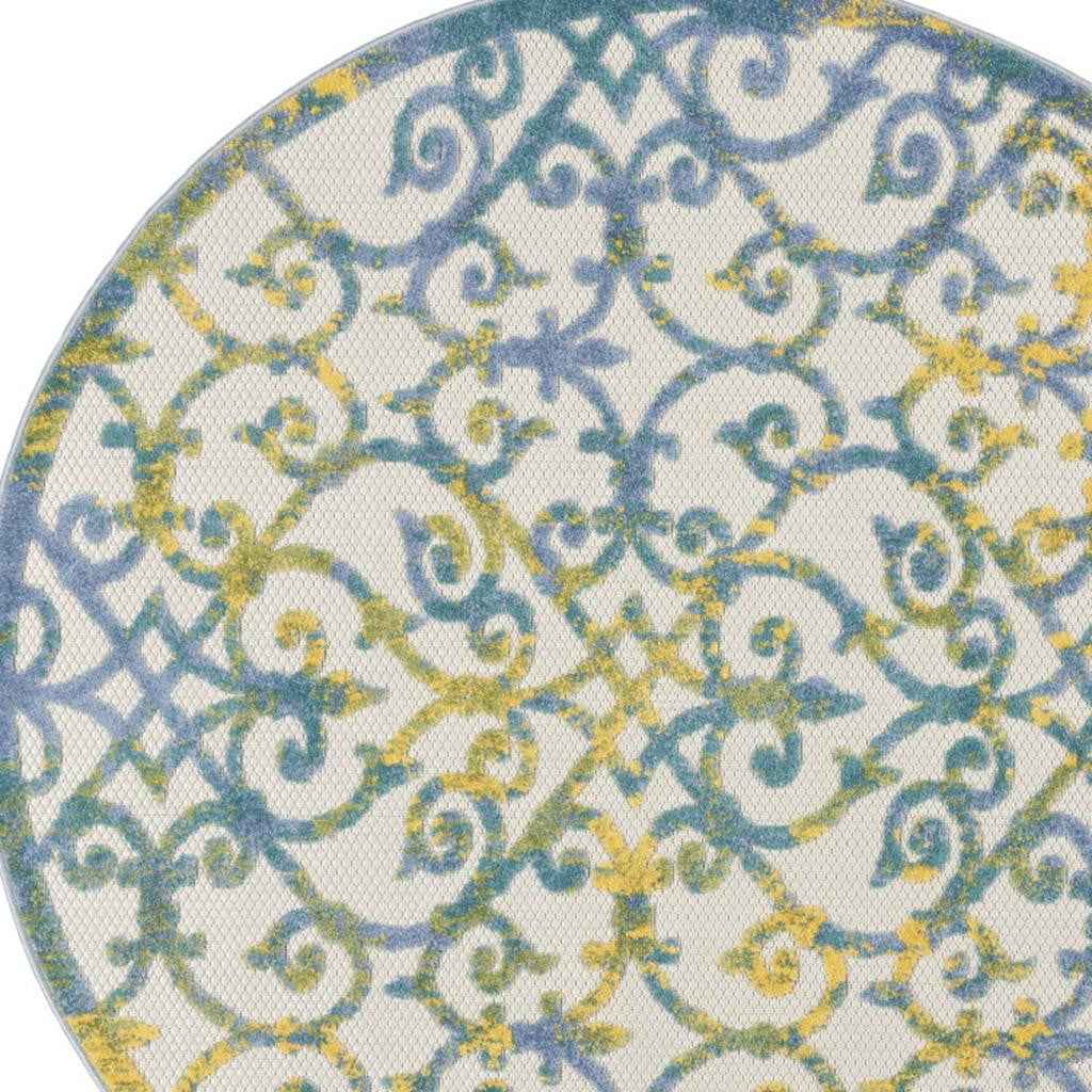 5' Ivory And Blue Round Indoor Outdoor Area Rug