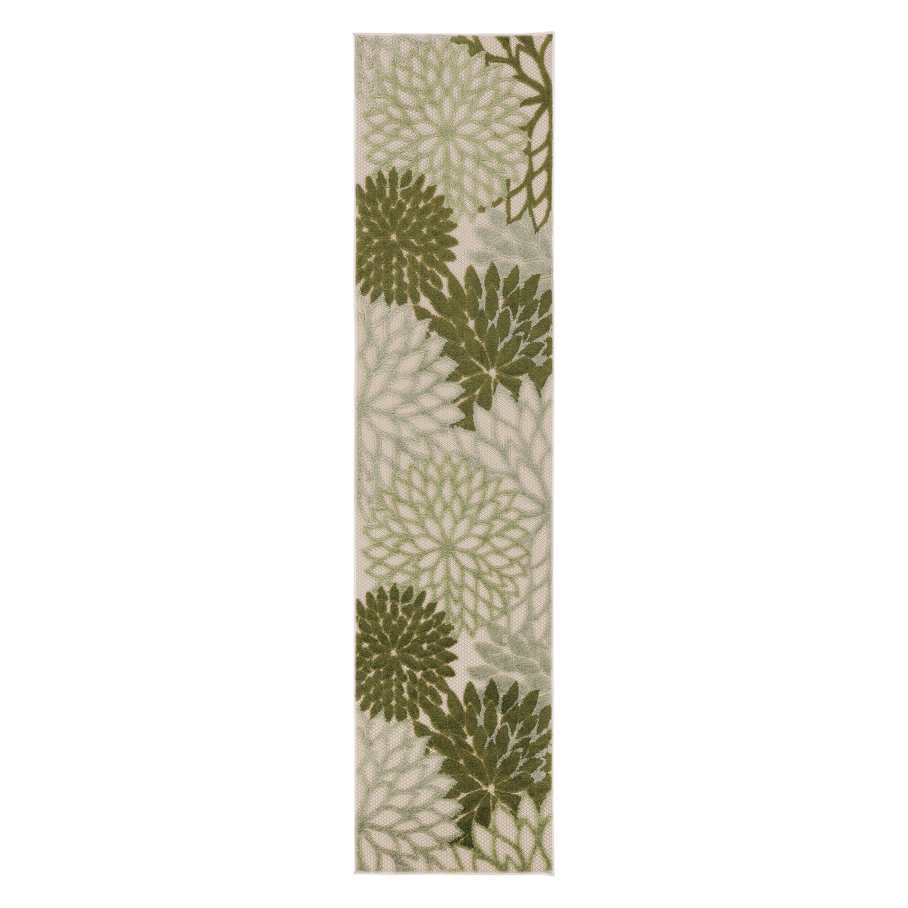 6' Ivory And Green Floral Indoor Outdoor Runner Rug - Outdoor