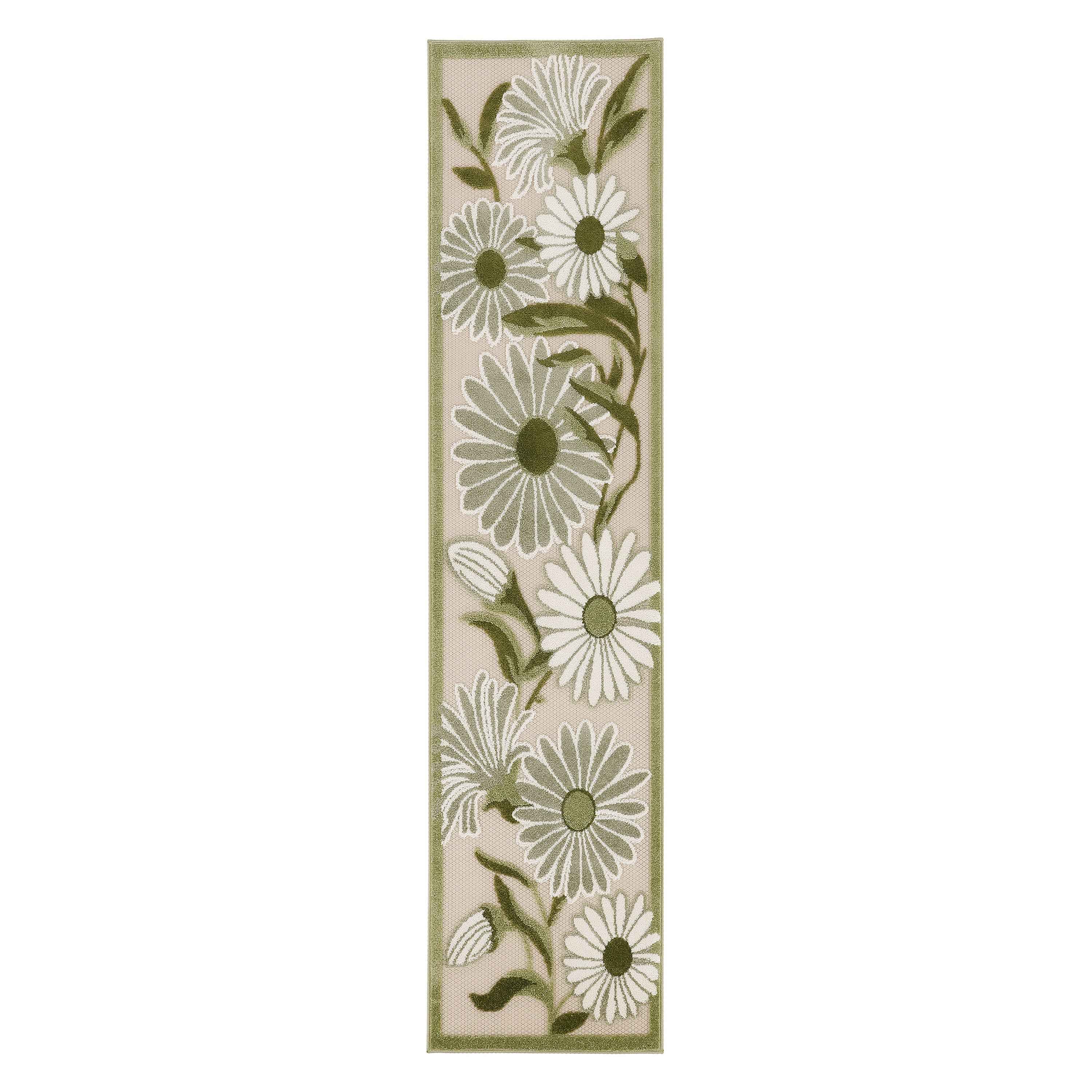6' Ivory And Green Floral Indoor Outdoor Runner Rug