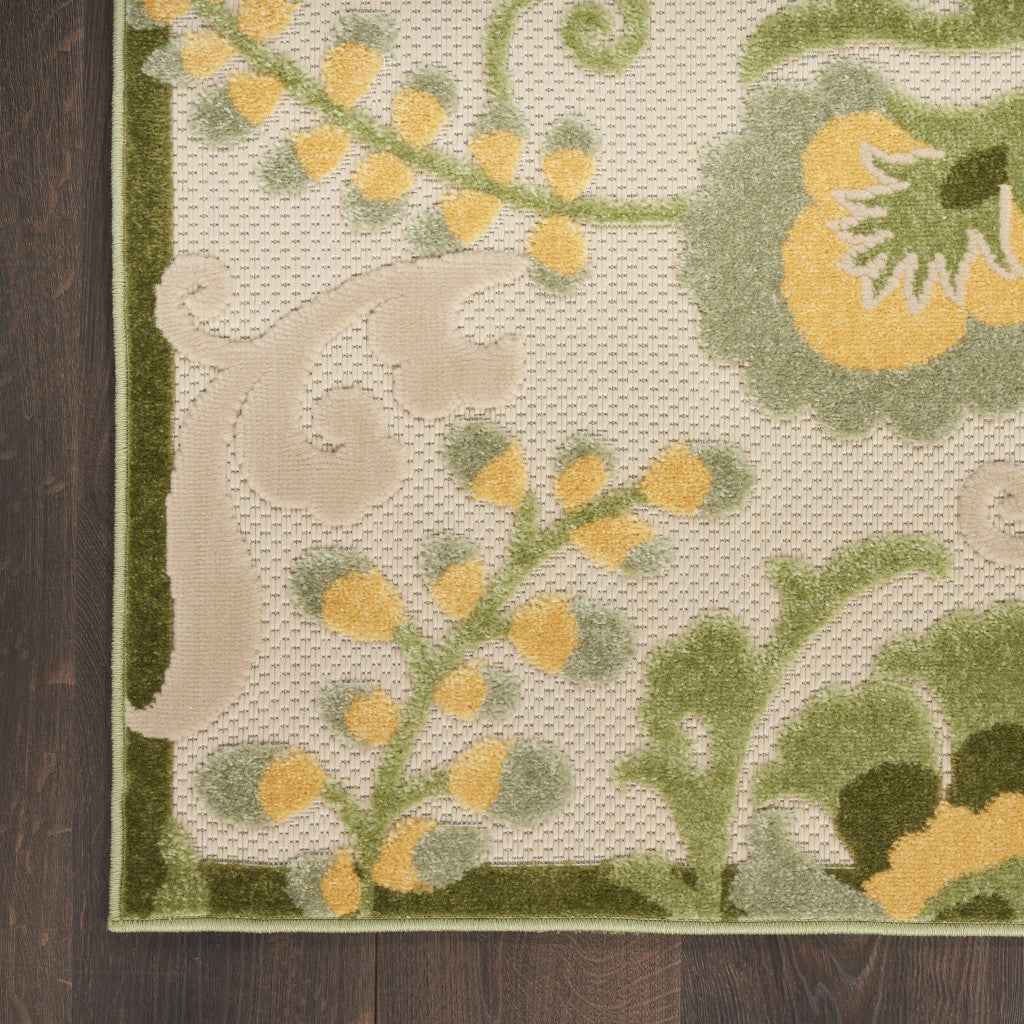 6' Ivory And Green Floral Indoor Outdoor Runner Rug